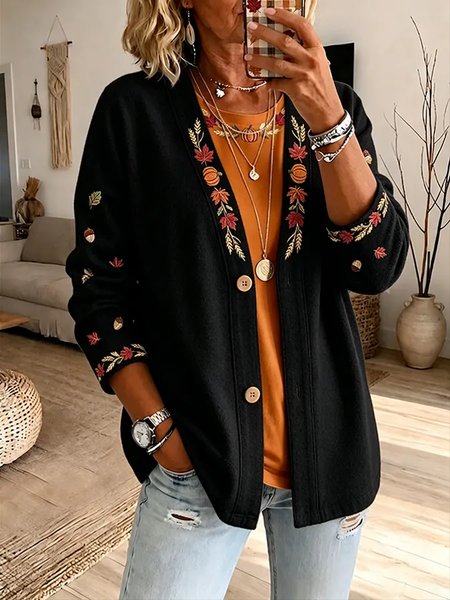 Women Maple Leaf Printing Long Sleeve Casual Spring/Fall Jacket Outerwear
