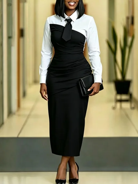 Elegant Color Block Split Joint Shirt Collar Midi Dress With Tie Elegant Color Block Split Joint Shirt Collar Midi Dress With Tie