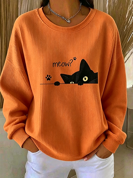 Women Cat Crew Neck Printing Casual Spring/Fall Long Sleeve Sweatshirt