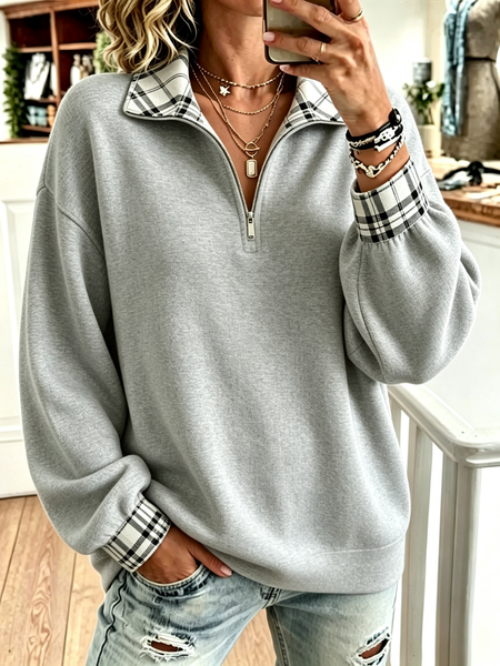 Women Plaid Mock Neck Casual Spring/Fall Long Sleeve Sweatshirt