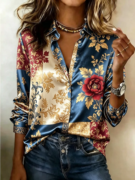 Women Geometric Shirt Collar Long Sleeve Shirt Printing Casual Daily Spring/Fall Top
