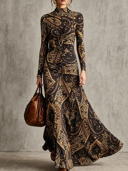 Elegant Paisley Printing Mock Neck Maxi Dress 1 Elegant Paisley Printing Mock Neck Maxi Dress