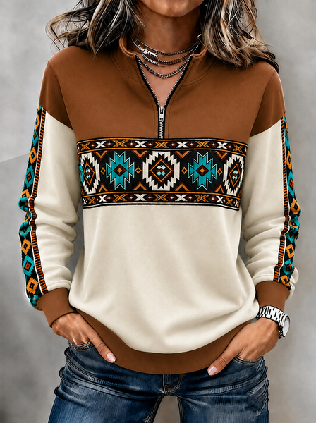 Women Color Block Half Open Collar Casual Spring/Fall Long Sleeve Sweatshirt