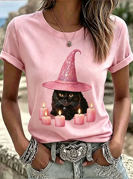 Women Cat Short Sleeve Tee T-shirt Crew Neck Printing Casual Graphic Tee Summer Top