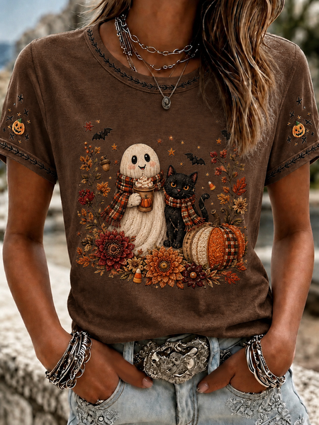 Women Cat Short Sleeve Tee T-shirt Crew Neck Casual Summer Top