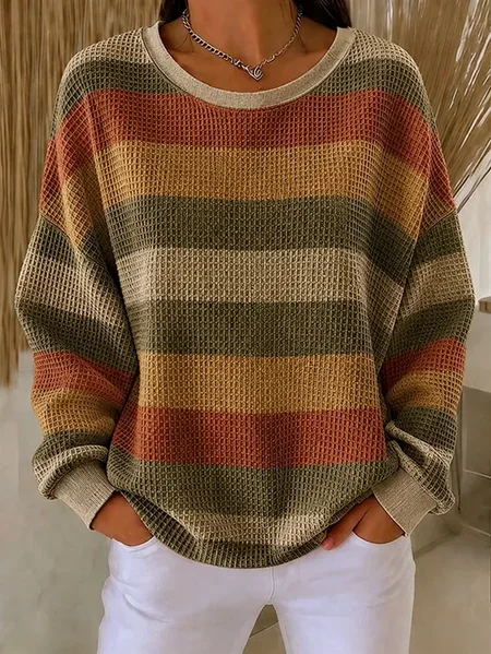 Women Striped Crew Neck Printing Casual Spring/Fall Long Sleeve Sweatshirt