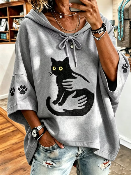 Women Cat Half Sleeve Casual Holiday Spring/Fall Hoodie