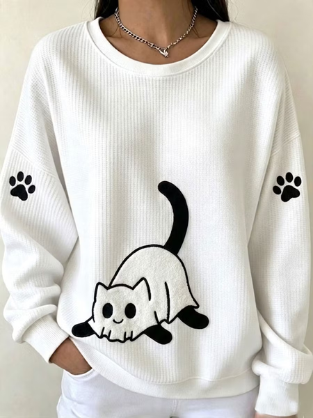 Women Cat Henley Collar Casual Spring/Fall Long Sleeve Sweatshirt