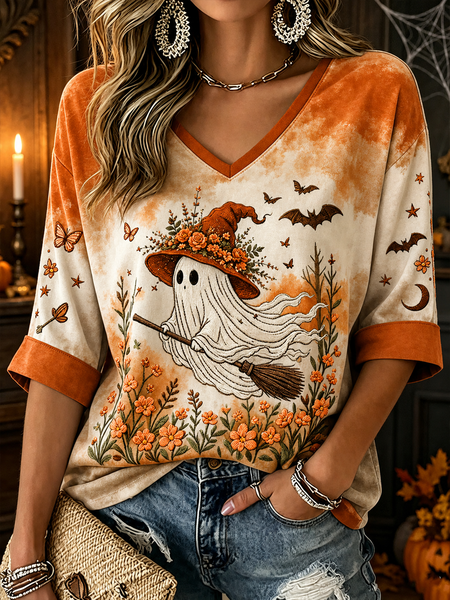 Women Floral Half Sleeve Tee T-shirt V Neck Printing Vintage Summer Top