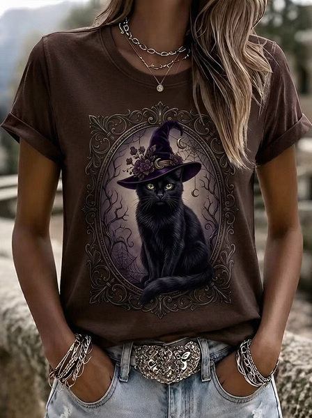 Women Cat Short Sleeve Tee T-shirt Crew Neck Casual Summer Top
