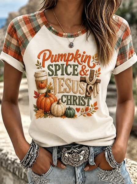Women Plaid Short Sleeve Tee T-shirt Crew Neck Printing Casual Summer Top