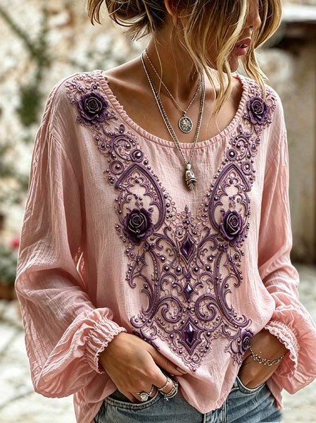 Women Floral Crew Neck Long Sleeve Blouse Printing Vintage Holiday Spring/Fall Top