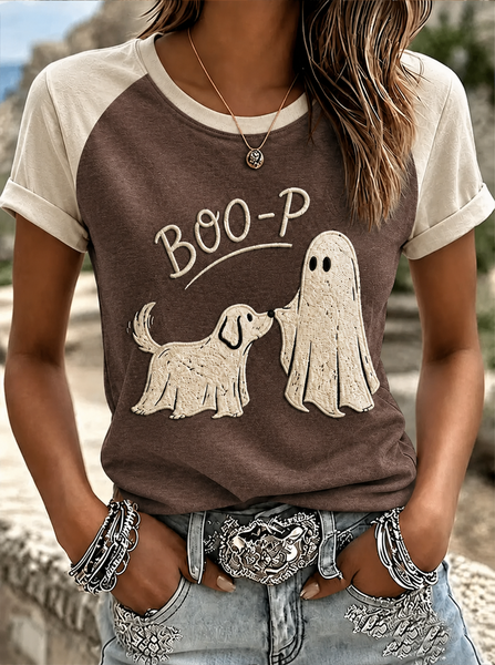 Women Dog Short Sleeve Tee T-shirt Crew Neck Printing Casual Summer Top