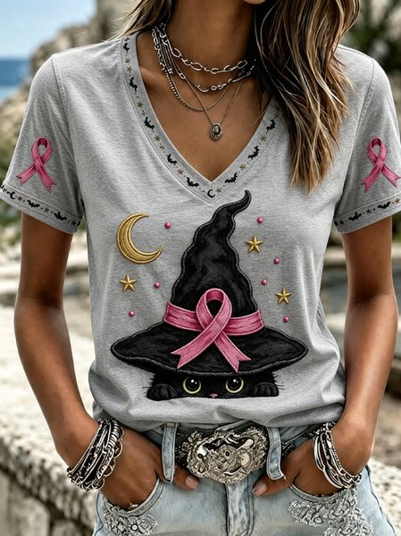 Women Cat Short Sleeve Tee T-shirt V Neck Casual Summer Top