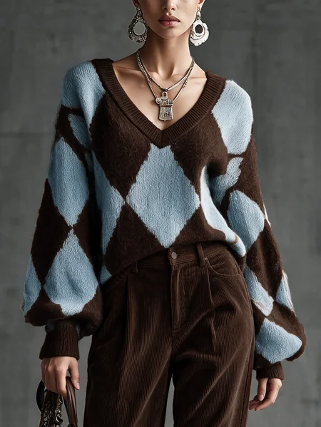 Casual Geometric V Neck Balloon Sleeve Sweater 1 Casual Geometric V Neck Balloon Sleeve Sweater