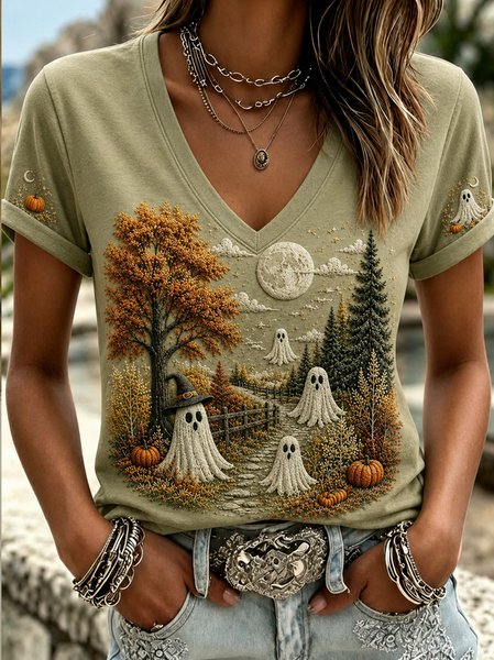 Women Tree Short Sleeve Tee T-shirt V Neck Casual Summer Top
