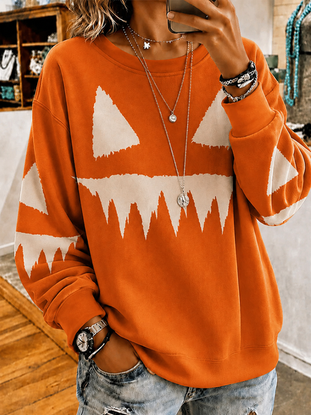 Women Plain Crew Neck Printing Casual Spring/Fall Long Sleeve Sweatshirt