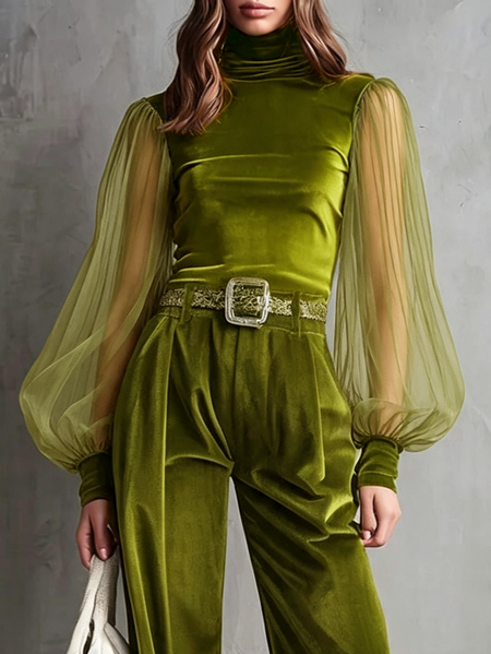 Elegant Plain Split Joint Turtleneck Blouse 1 Elegant Plain Split Joint Turtleneck Blouse