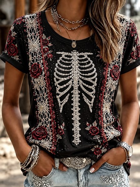 Women Floral Short Sleeve Tee T-shirt Crew Neck Casual Summer Top