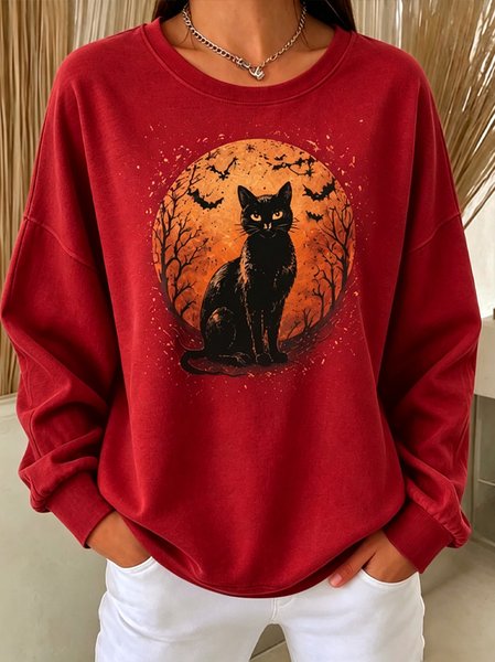 Women Cat Crew Neck Casual Spring/Fall Long Sleeve Sweatshirt