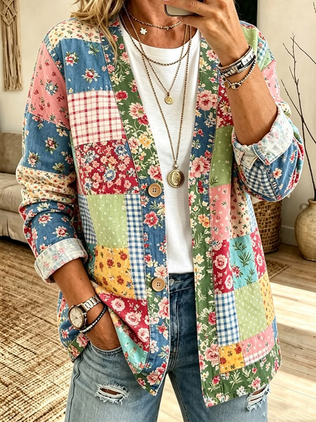 Women Floral Printing Long Sleeve Casual Spring/Fall Jacket Outerwear