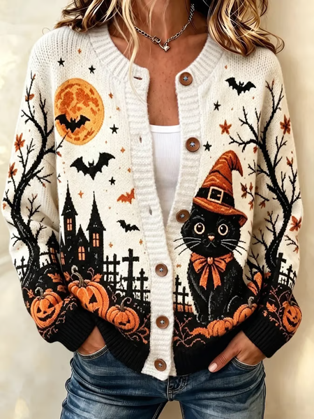 Women Cat Printing Long Sleeve Crew Neck Vintage Spring/Fall Cardigan Outerwear