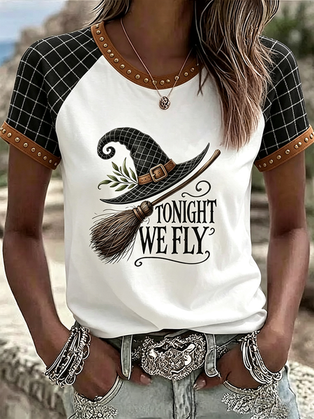 Women Plaid Short Sleeve Tee T-shirt Crew Neck Printing Vintage Summer Top