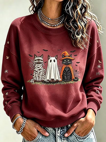 Women Cat Crew Neck Printing Casual Spring/Fall Long Sleeve Sweatshirt