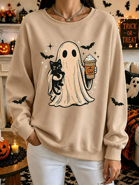 Women Cat Crew Neck Printing Casual Spring/Fall Long Sleeve Sweatshirt