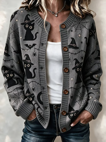 Women Cat Long Sleeve Comfy Vintage Printing Cardigan