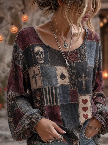 Women Plaid Crew Neck Long Sleeve Blouse Printing Vintage Holiday Spring/Fall Top