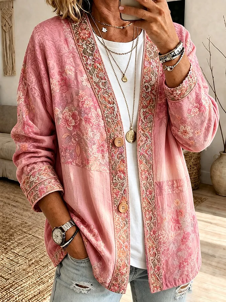 Women Floral Printing Long Sleeve Casual Spring/Fall Jacket Outerwear