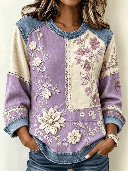 Women Floral Crew Neck Casual Spring/Fall Long Sleeve Sweatshirt