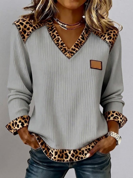 Women Plain V Neck Printing Vintage Spring/Fall Long Sleeve Sweatshirt