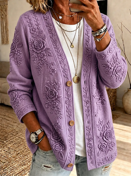Women Floral Printing Long Sleeve Casual Spring/Fall Jacket Outerwear