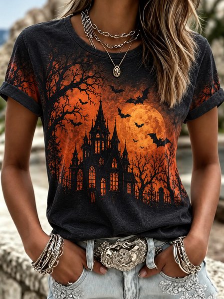 Women Halloween Short Sleeve Tee T-shirt Crew Neck Casual Summer Top