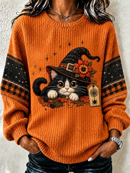 Casual Cat Henley Collar Long Sleeve Sweatshirt