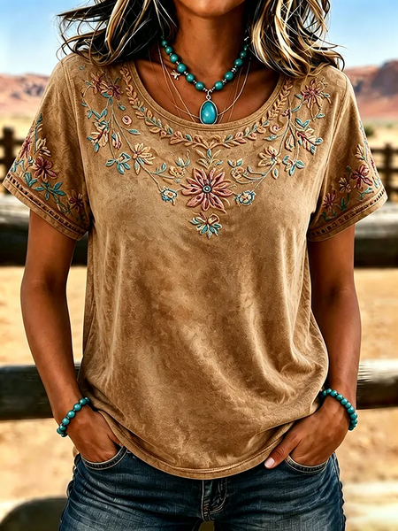 Women Floral Short Sleeve Tee T-shirt Crew Neck Printing Casual Graphic Tee Summer Top