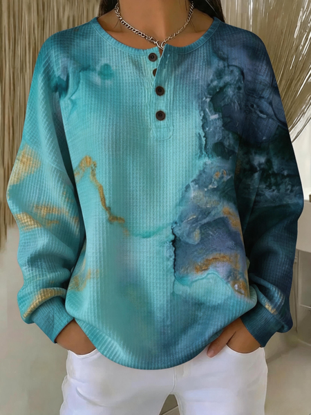Women Abstract Henley Collar Casual Spring/Fall Long Sleeve Sweatshirt