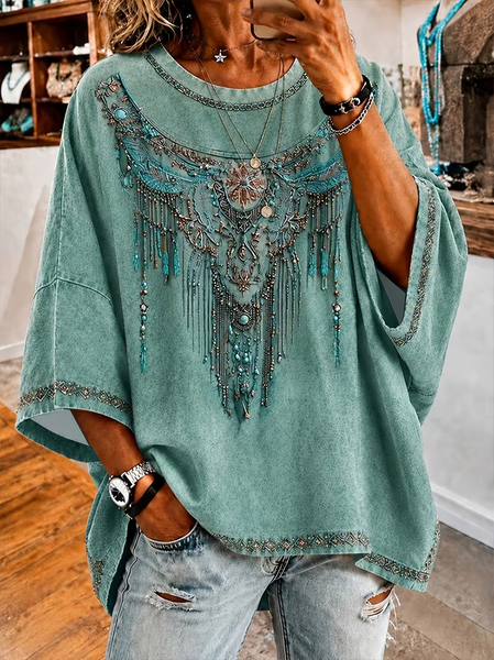 Women Ethnic Half Sleeve Tee T-shirt Crew Neck Printing Vintage Summer Top
