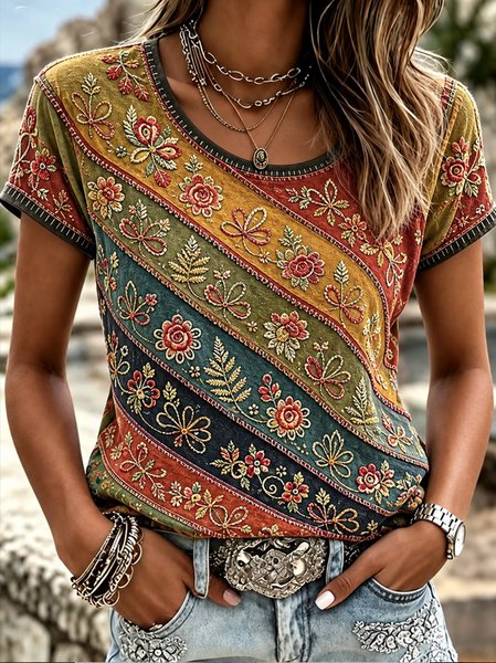 Women Floral Short Sleeve Tee T-shirt Crew Neck Vintage Summer Top