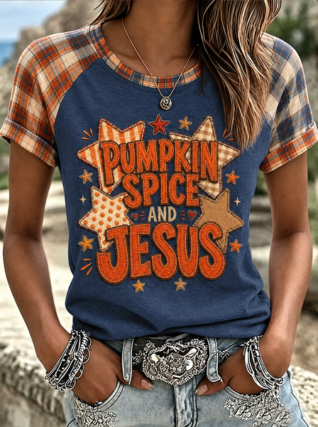 Women Plaid Short Sleeve Tee T-shirt Crew Neck Printing Casual Summer Top