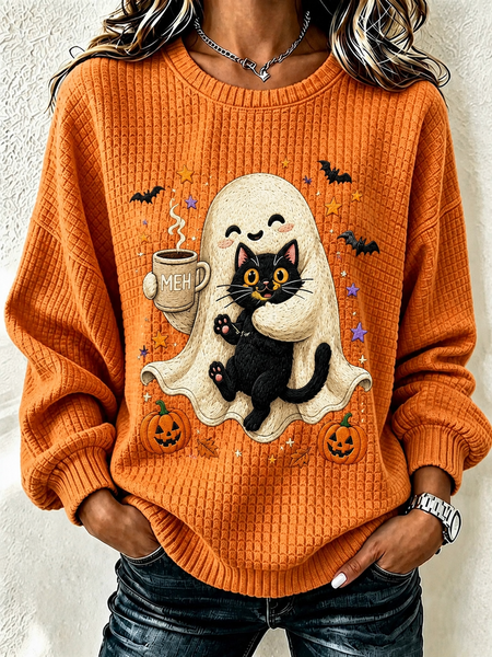 Women Cat Henley Collar Casual Spring/Fall Long Sleeve Sweatshirt