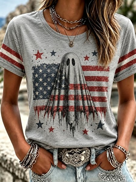 Women Halloween Short Sleeve Tee T-shirt Crew Neck Casual Summer Top