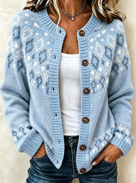 Women Geometric Long Sleeve Crew Neck Casual Spring/Fall Cardigan Outerwear