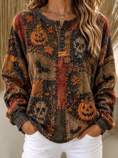 Women Plaid Henley Collar Casual Spring/Fall Long Sleeve Sweatshirt