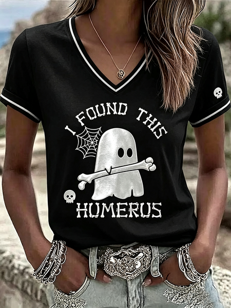 Women Skull Short Sleeve Tee T-shirt V Neck Printing Vintage Summer Top