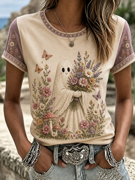 Women Floral Short Sleeve Tee T-shirt Crew Neck Casual Summer Top