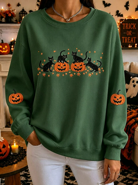 Women Cat Crew Neck Printing Casual Spring/Fall Long Sleeve Sweatshirt