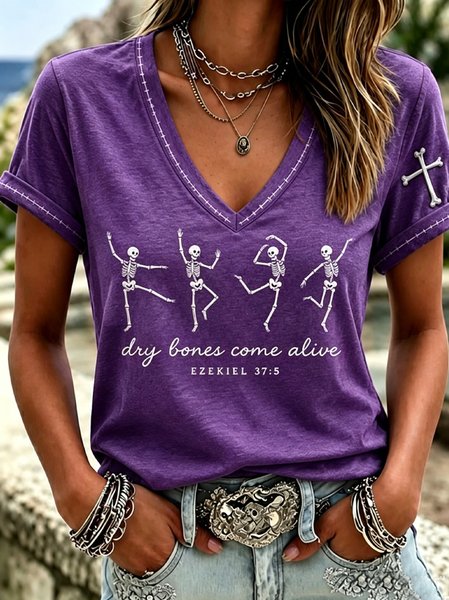 Women Text Letters Short Sleeve Tee T-shirt V Neck Casual Summer Top
